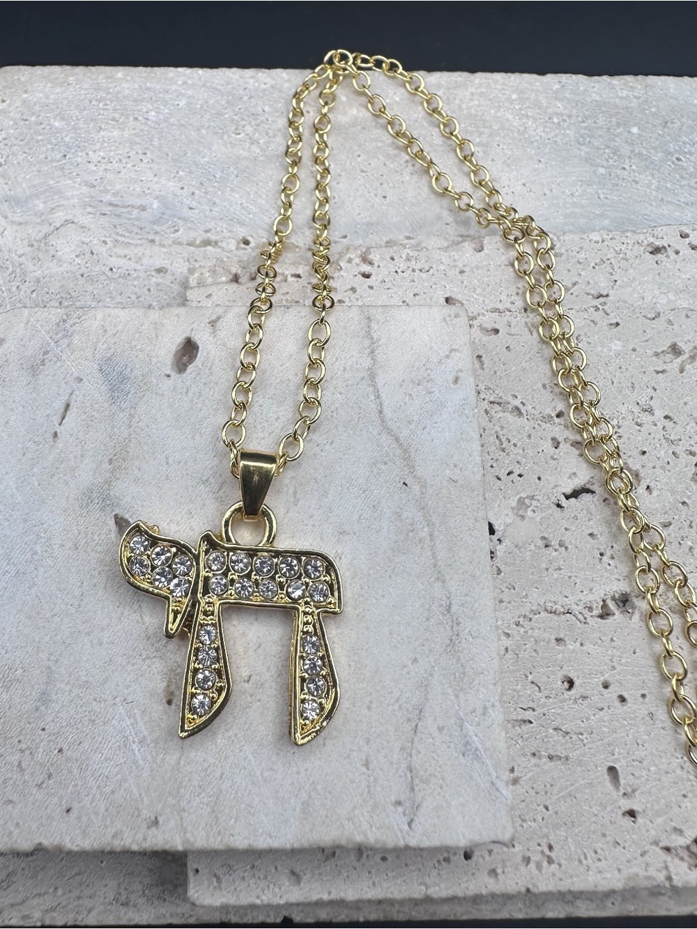 Gold Chai Pendant Necklace with Clear Crystals